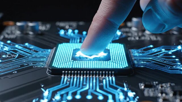 Human finger touching illuminated microchip on glowing circuit board with digital connections