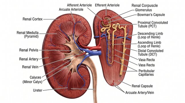 3D medical render of human kidney anatomy with detailed nephron microscopic view inset showing glomerulus and tubules on white background