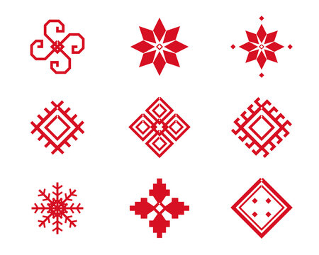 Nine distinct red folk ornaments display stars, diamonds, snowflakes, and symbolic geometric forms in an orderly collection, ideal for festive crafts, logos, textiles, and cultural design.