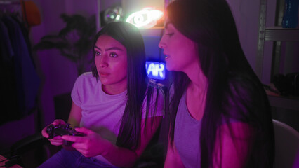 Woman holding joystick and concentrating points finger to screen while coaching friend during a late night gaming session in studio  friendship focus. © Krakenimages.com