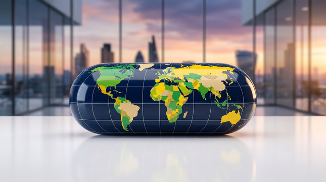 Capsule shaped world map globe on a white desk in a modern office
