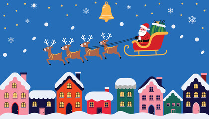 Santa Claus flying in sleigh with reindeer over snowy village during Christmas night vector illustration © CreativeKamrul