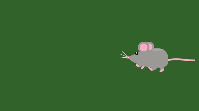 Little cartoon mice running in motion across dark green background