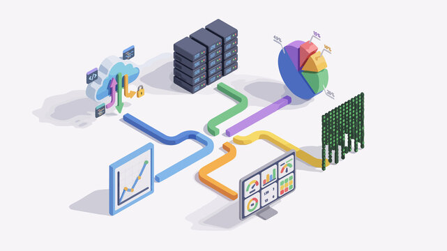 Isometric big data analysis and cloud computing vector isolated on White Background. Illustrations