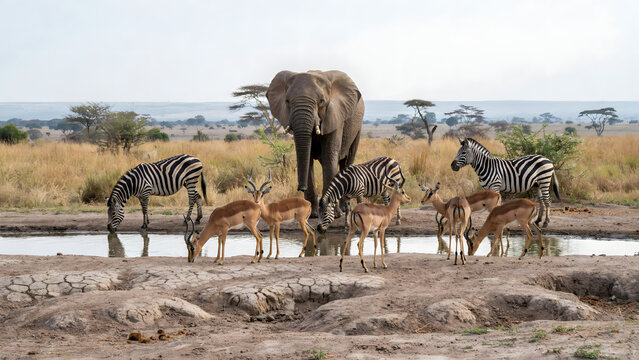 An african elephant standing near a waterhole with zebras and antelopes drinking in the dry savanna landscape under a bright clear blue sky