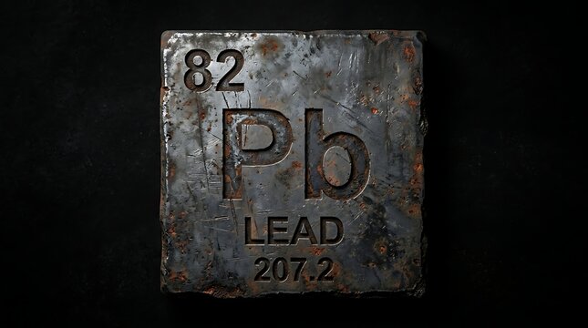 Metal periodic table tile showing lead element Pb atomic number 82 and atomic weight on rusty texture