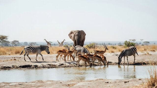 An african elephant standing near a waterhole with zebras and antelopes drinking water in the dry savanna landscape under a clear blue sky