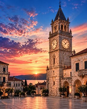 Historic stone clock tower in European town square at sunset