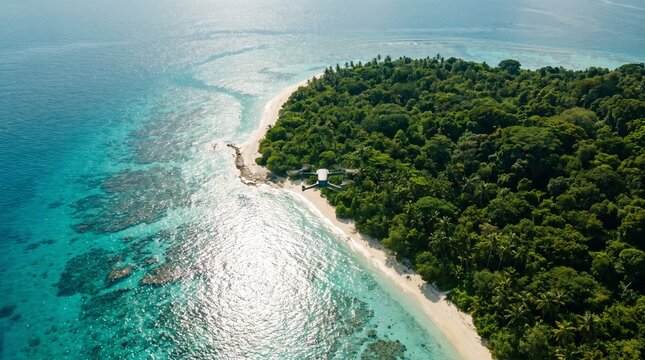 Modern quadcopter drone hovering smoothly above picturesque tropical island coastline featuring crystal clear turquoise ocean water white sandy beaches and lush green palm tree jungle canopy under bri