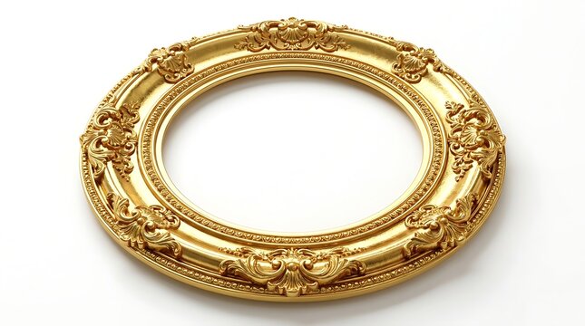 Ornate round golden mirror frame with antique baroque carving decoration isolated on white background