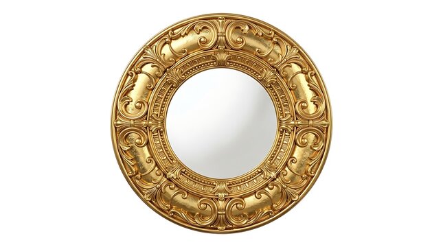 Ornate round golden mirror frame with antique baroque carving decoration isolated on white background