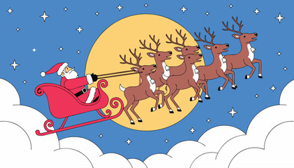 Santa Claus riding a sleigh pulled by reindeer across a full moon sky with stars and clouds vector illustration © CreativeKamrul