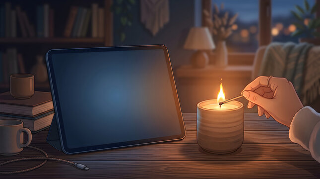 Glowing screen dimming as a warm candle lights up beside it, mindful disconnect concept, editorial vector illustration