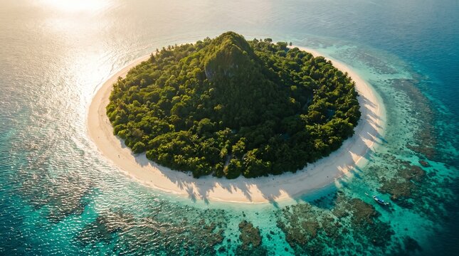 Lush tropical island surrounded by pristine turquoise ocean water featuring vibrant coral reefs beneath the surface and a bright white sand beach under warm golden sunlight during daytime captured fro