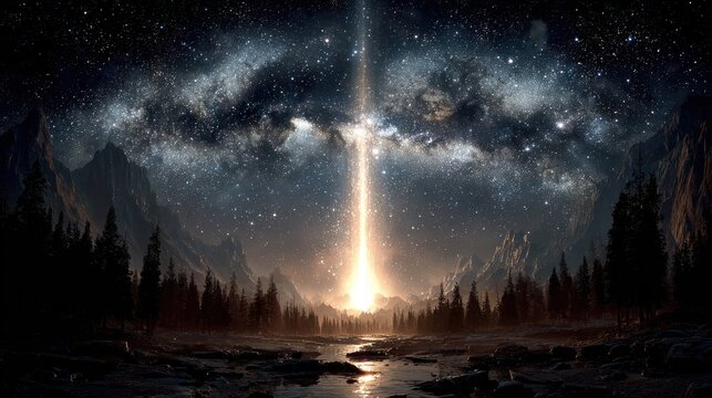 Majestic digital artwork Glowing light pierces the starry night sky over a mountainous landscape