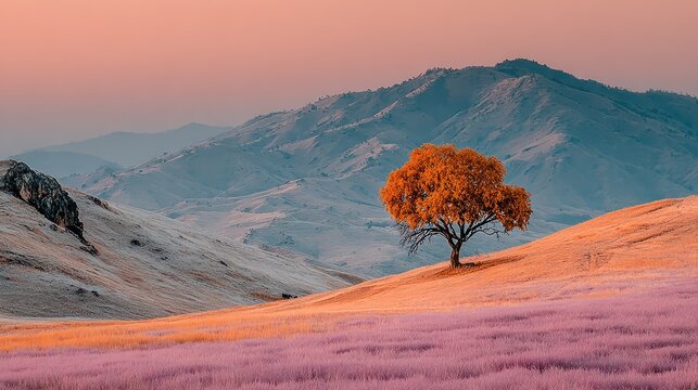 Scenic golden tree with mountains under a pastel sky during sunset or sunrise