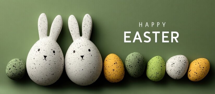 An Easter-themed illustration featuring two bunny-shaped eggs, various speckled eggs and the text "HAPPY EASTER