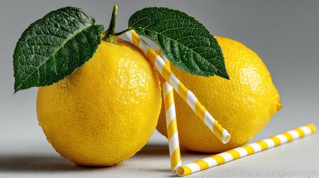 Close-up of ripe lemons with vibrant green leaves and striped straws