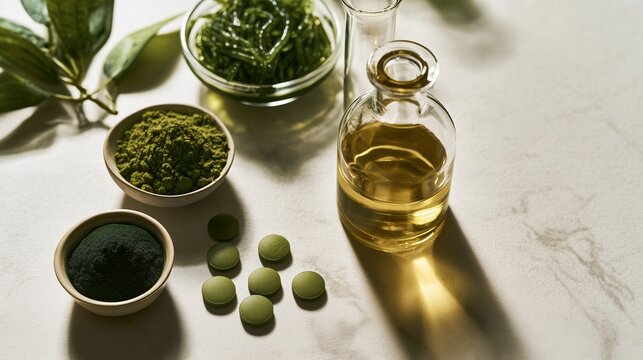 Overhead flat lay of algae-based oil with golden oil, spirulina, chlorella, fresh algae, a glass beaker and green leaf on marble.