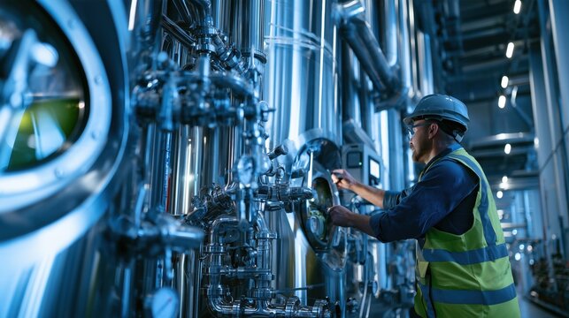 A large-scale algae oil fermentation plant interior, gleaming stainless steel fermentation tanks with pipes, valves and pressure gauges