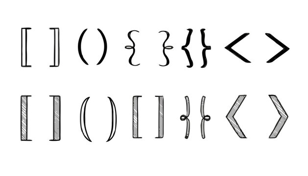 Collection of hand drawn bracket symbols and parentheses on a white background