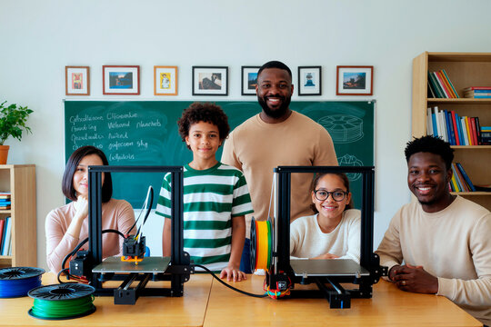 Portrait of diverse teacher team with school kids standing by 3D printers in classroom, presenting STEM learning and maker education. Ideal for edtech, innovation, coding campaigns