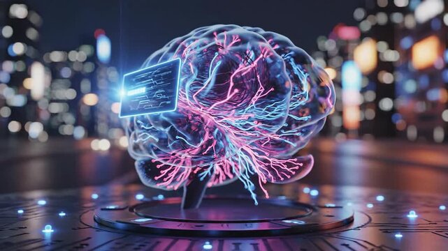 Futuristic brain interface concept with glowing neon neural pathways in a night cityscape