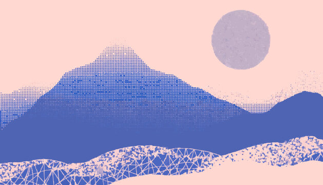 Abstract landscape illustration with mountains moon and waves in halftone style