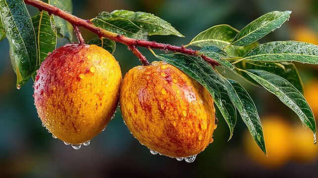Close-up of two ripe, striped fruits with droplets clinging to leaves and skin