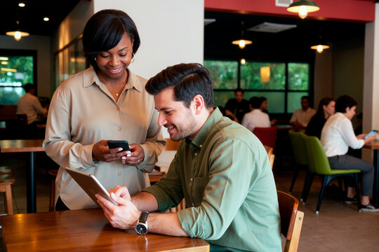 African American middle aged woman and Caucasian young adult man reviewing tablet and smartphone in cafe, discussing mobile workflow. Ideal for teamwork, digital service, client support marketing