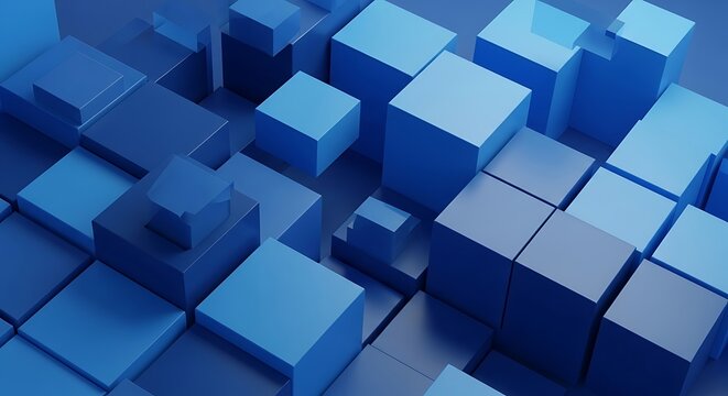 Three-dimensional abstract blue cubes arranged closely with gradient shading creating modern geometric depth and spatial complexity