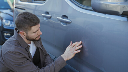 Obraz premium Man pressing hand to dent on silver van door while inspecting deep scratch near handle on street; concern repair cost.