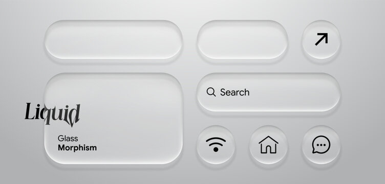 Minimalist frosted glassmorphism smartphone user interface elements vector set featuring soft liquid buttons, search bar, and clean modern web icons.
