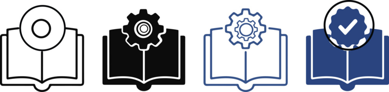 Technical documentation icon set. open book with gear symbol. knowledge base and engineering concept. vector illustration.