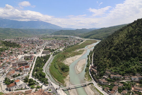 View of the city of Berat on the Osum River, Albania