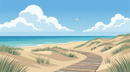 Obraz premium A relaxing walk along a wooden path illustration, capturing the scenic beach landscape, sunny coastal environment and ocean viewpoint.