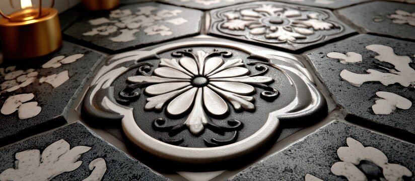 Close-up of hexagonal floral tiles, intricate designs, black and white color scheme. Focus on embossed textures