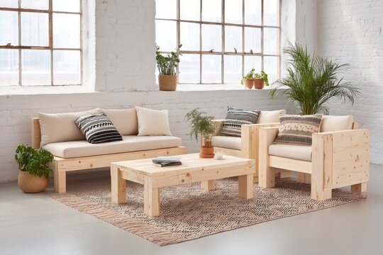 Modern living room setup, featuring wood furniture, plants, area rug and large windows