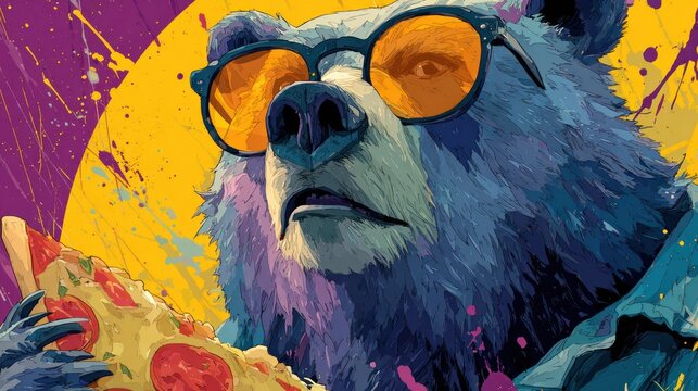 Cool Bear Wearing Sunglasses Eating Pizza in Vibrant Abstract Background.