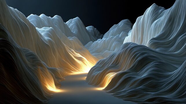 Abstract rendering of a canyon with flowing, textured surfaces and a warm light source