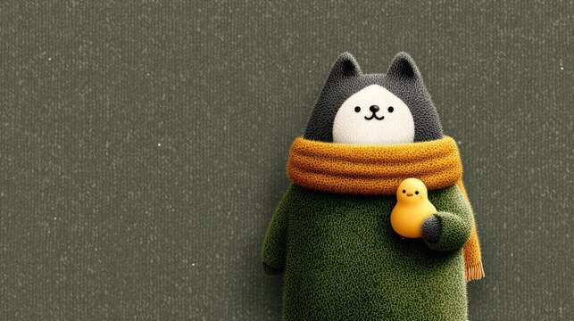 Adorable illustrated character, cat-like with a scarf and green coat, holding a small chick