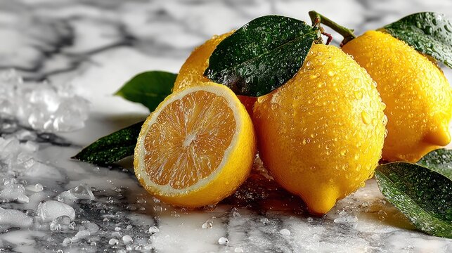 Close-up of ripe lemons with leaves and water droplets on a marble surface