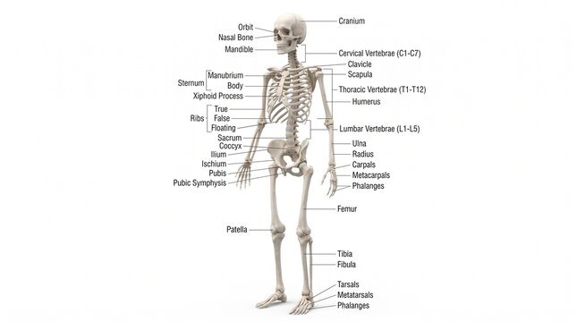 Full Human Skeleton Anatomy with Detailed Labeled Bones and Vertebrae