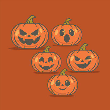 Set of Five Cute Halloween Jack-o'-Lantern Pumpkins with Different Expressions Vector Illustration
