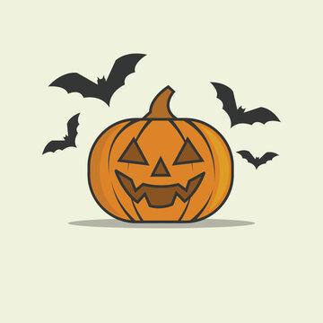 Halloween Jack-o'-Lantern Pumpkin with Flying Bats, Spooky Autumn Vector Illustration