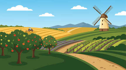 Obraz premium A picturesque rural agricultural illustration featuring a rustic windmill and lush orchard landscape view under a bright blue sky