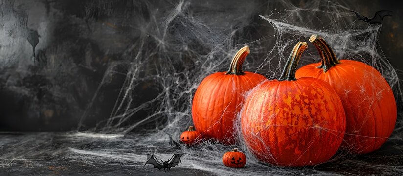 Pumpkins with bats on a black background, Halloween party concept.