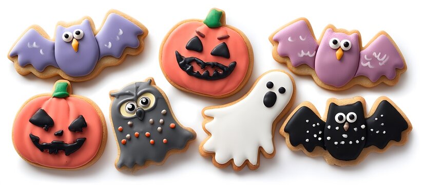 Set of adorable Halloween cookies with various spooky designs, isolated on a white background.