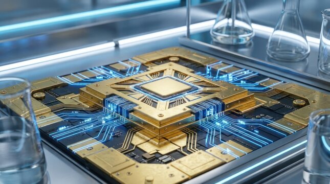 Advanced quantum computer processor with glowing blue circuits in a laboratory setting