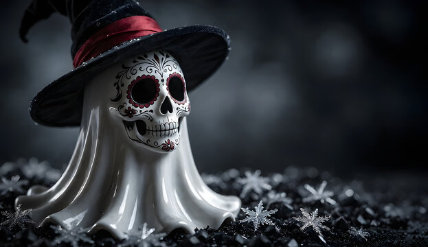 Ceramic ghost figurine with Mexican Calavera skull design and black pointy hat, Day of the Dead decoration.